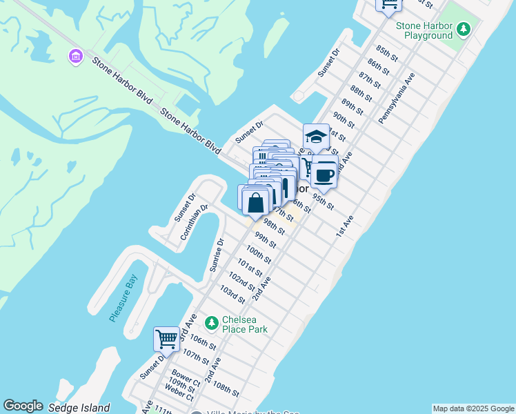 map of restaurants, bars, coffee shops, grocery stores, and more near 9629 3rd Avenue in Stone Harbor
