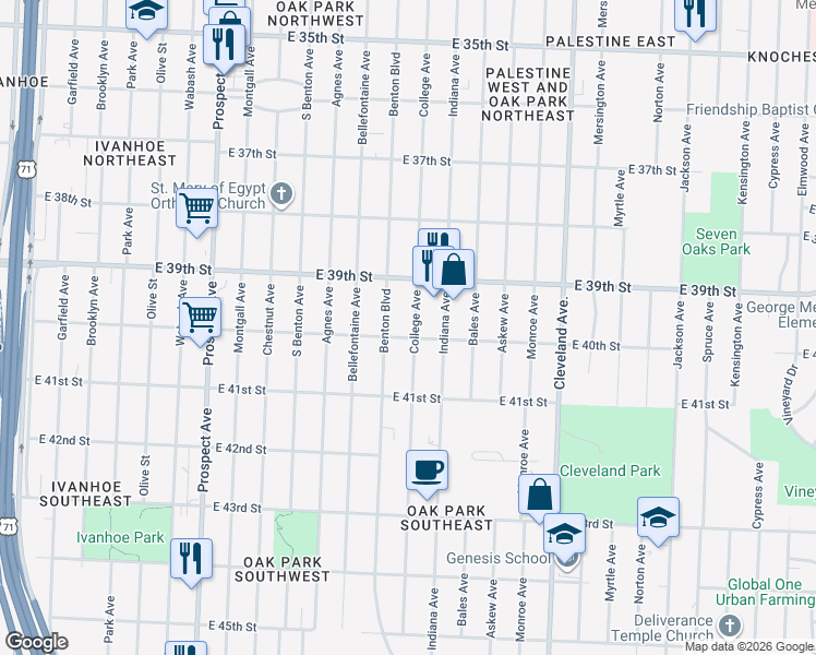 map of restaurants, bars, coffee shops, grocery stores, and more near 3938 College Avenue in Kansas City