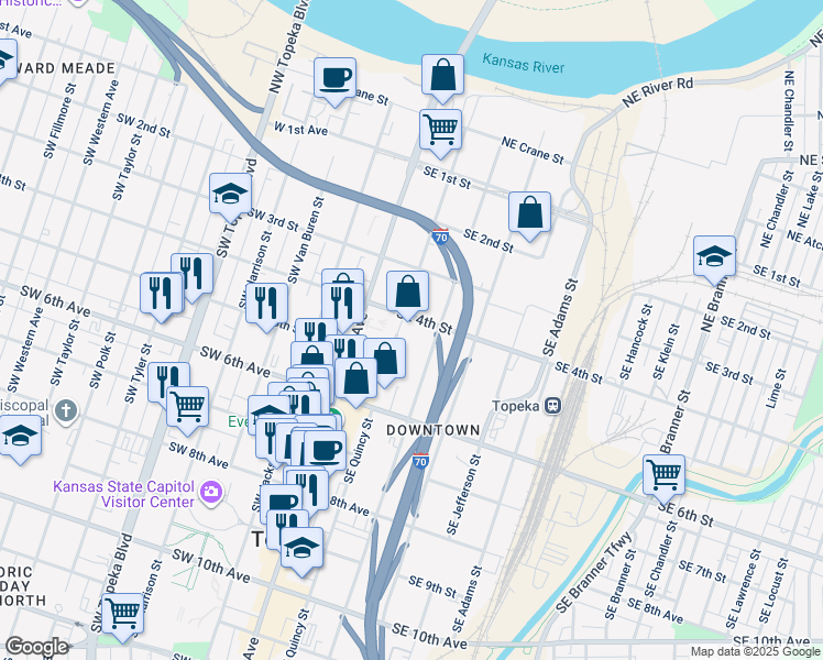 map of restaurants, bars, coffee shops, grocery stores, and more near 200-298 SE 4th St in Topeka