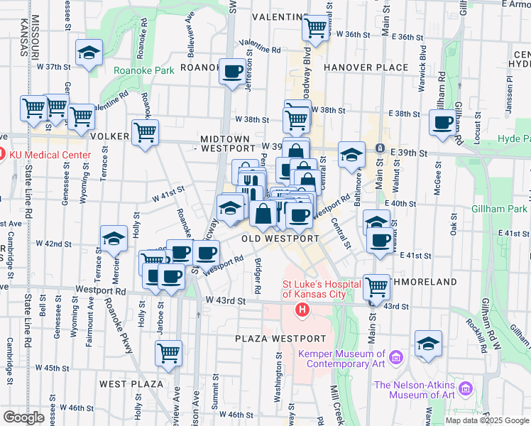 map of restaurants, bars, coffee shops, grocery stores, and more near 4020 Pennsylvania Avenue in Kansas City