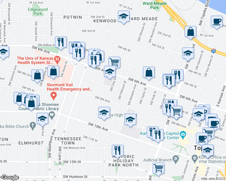 map of restaurants, bars, coffee shops, grocery stores, and more near 704 Southwest Clay Street in Topeka
