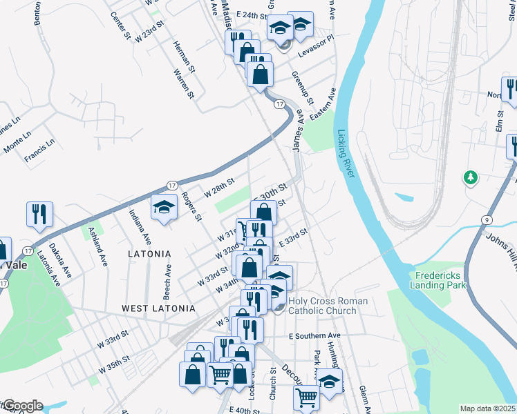 map of restaurants, bars, coffee shops, grocery stores, and more near 3001 Frazier Street in Covington