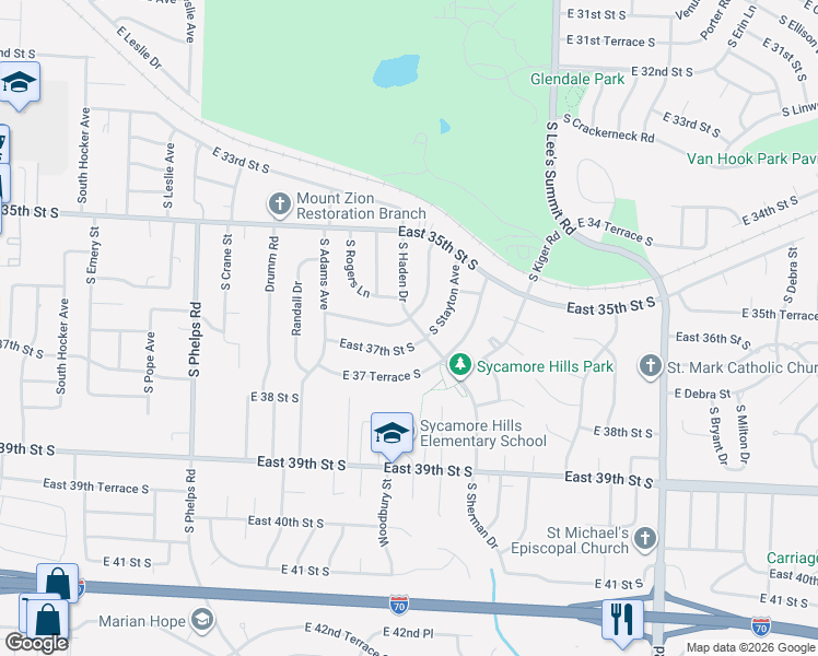 map of restaurants, bars, coffee shops, grocery stores, and more near 3609 Woodbury Street in Independence