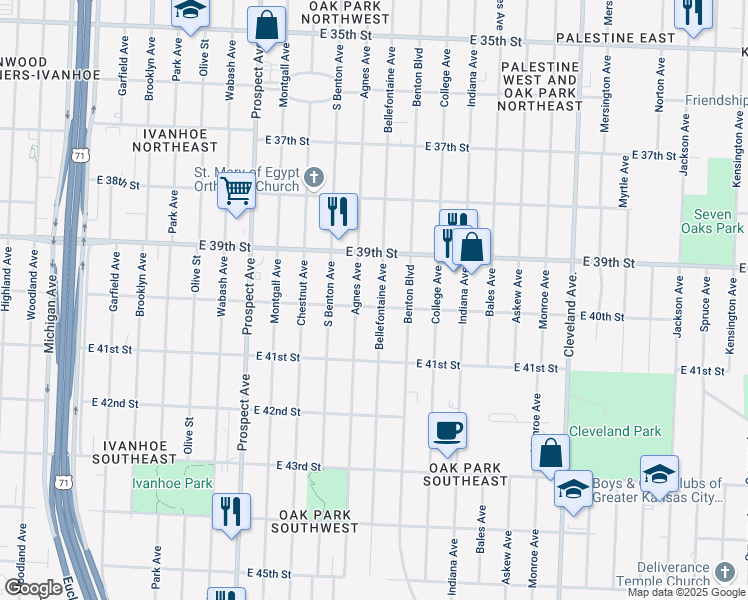 map of restaurants, bars, coffee shops, grocery stores, and more near 3932 Bellefontaine Avenue in Kansas City