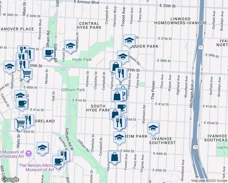 map of restaurants, bars, coffee shops, grocery stores, and more near 4010 Harrison Street in Kansas City