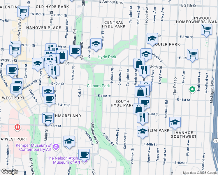 map of restaurants, bars, coffee shops, grocery stores, and more near 4007 Kenwood Avenue in Kansas City