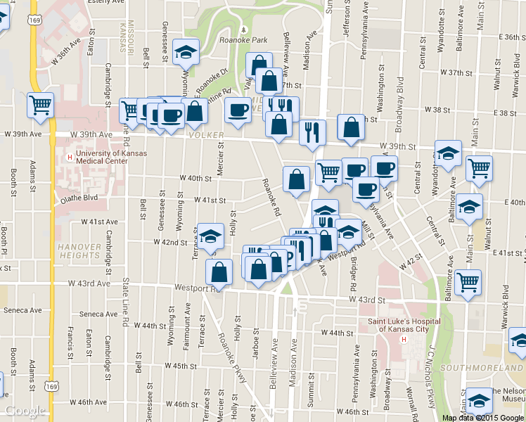 map of restaurants, bars, coffee shops, grocery stores, and more near 1110 West 41st Terrace in Kansas City