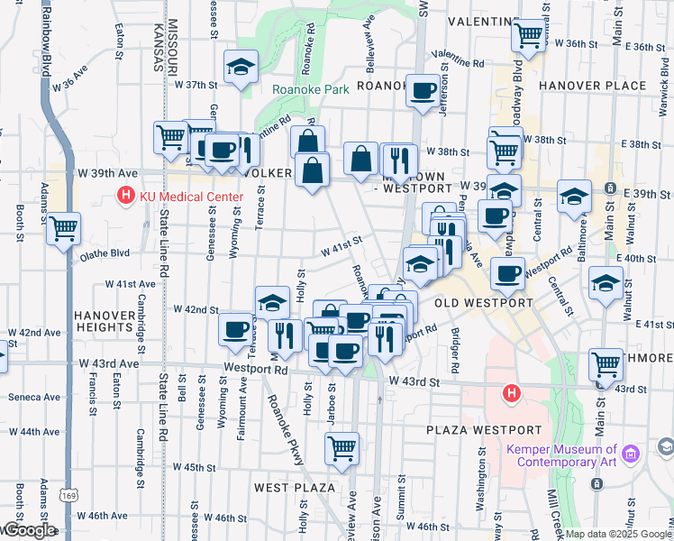 map of restaurants, bars, coffee shops, grocery stores, and more near 1110 West 41st Terrace in Kansas City