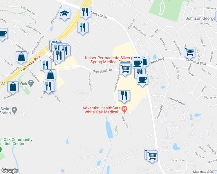 map of restaurants, bars, coffee shops, grocery stores, and more near 12110 Plum Orchard Drive in Silver Spring