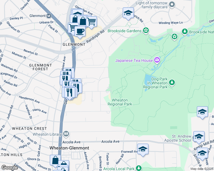 map of restaurants, bars, coffee shops, grocery stores, and more near 12106 Shorefield Court in Silver Spring