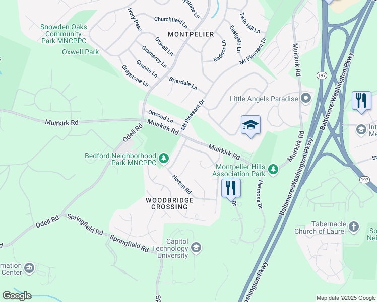map of restaurants, bars, coffee shops, grocery stores, and more near 12016 Montague Drive in Laurel