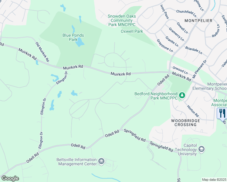 map of restaurants, bars, coffee shops, grocery stores, and more near 8301 Muirkirk Road in Laurel