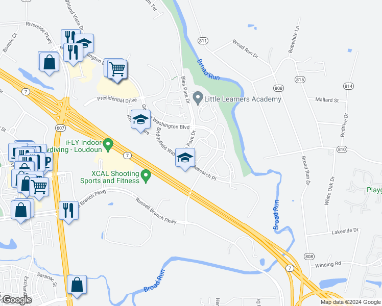 map of restaurants, bars, coffee shops, grocery stores, and more near 20283 Beechwood Terrace in Ashburn