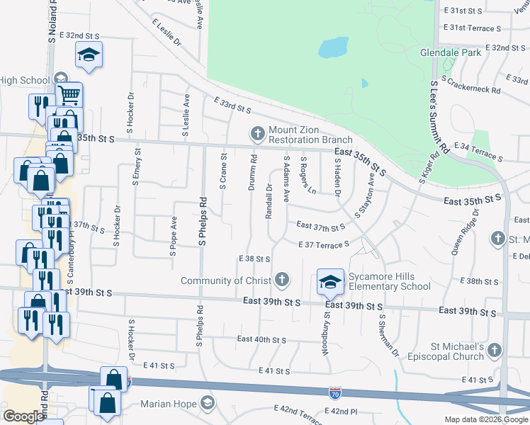 map of restaurants, bars, coffee shops, grocery stores, and more near 3609 Drumm Road in Independence