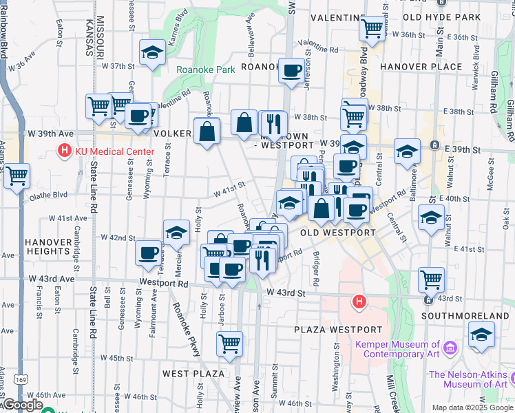 map of restaurants, bars, coffee shops, grocery stores, and more near 4038 Clark Avenue in Kansas City