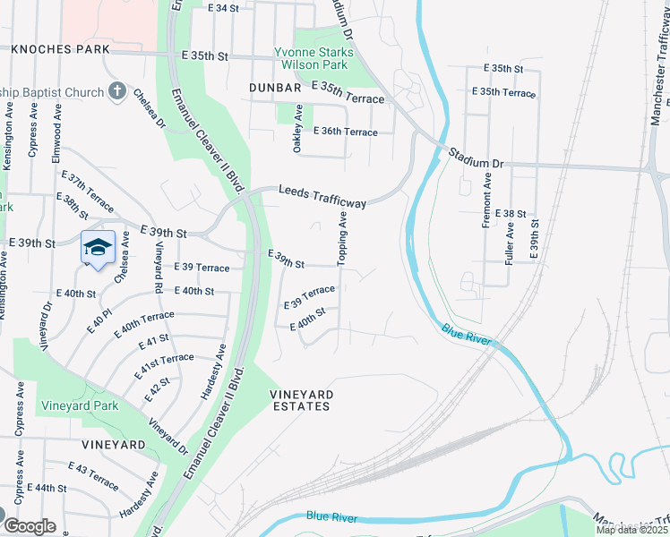 map of restaurants, bars, coffee shops, grocery stores, and more near 3901 East 39th Street in Kansas City
