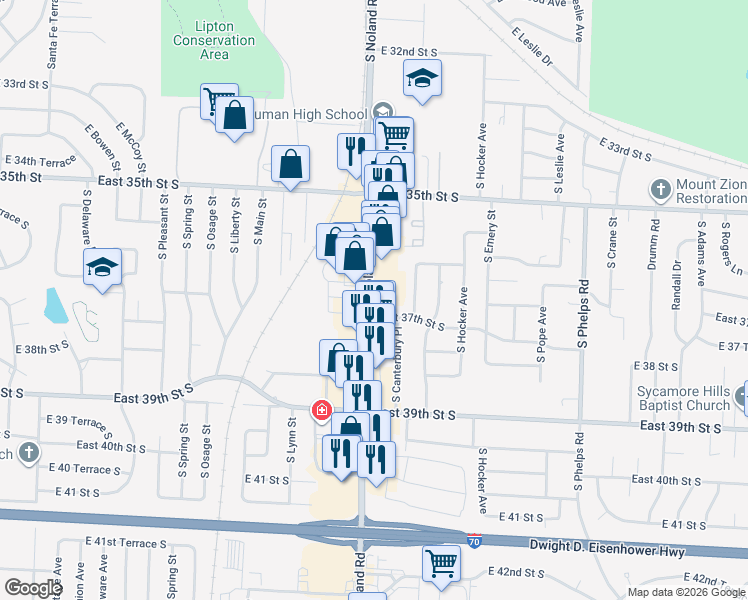 map of restaurants, bars, coffee shops, grocery stores, and more near 3681 South Noland Road in Independence