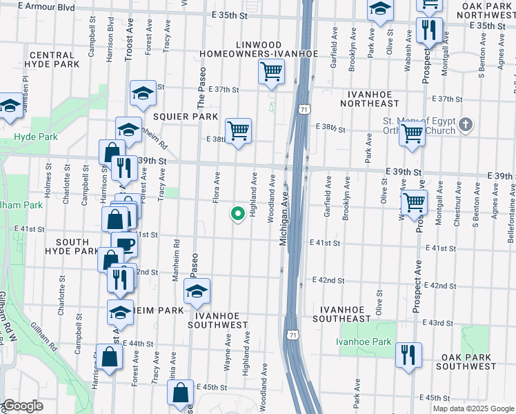 map of restaurants, bars, coffee shops, grocery stores, and more near 4000 Highland Avenue in Kansas City