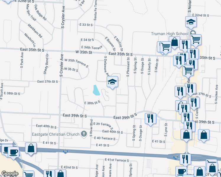 map of restaurants, bars, coffee shops, grocery stores, and more near 3700 South Delaware Avenue in Independence