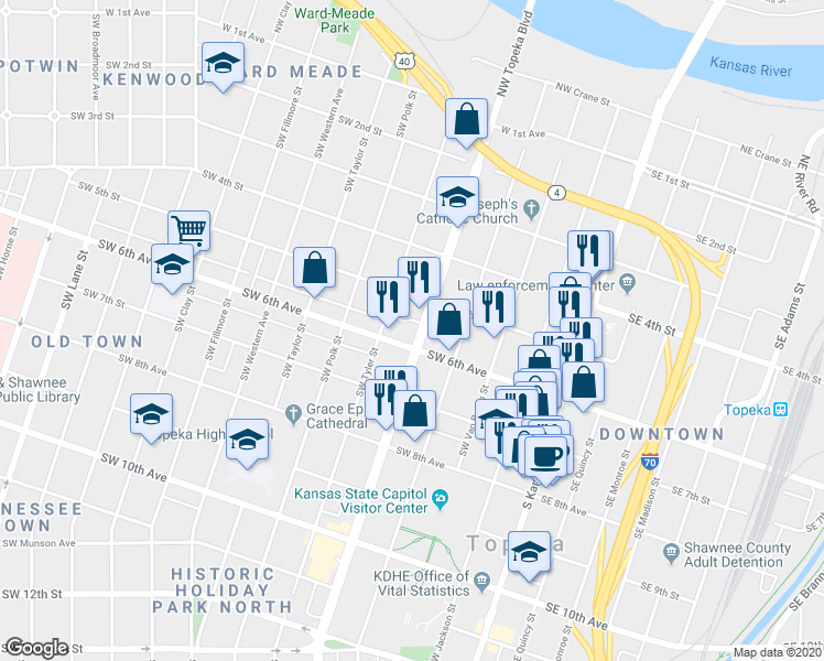 map of restaurants, bars, coffee shops, grocery stores, and more near 525 Southwest Topeka Boulevard in Topeka