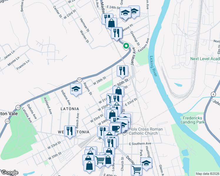 map of restaurants, bars, coffee shops, grocery stores, and more near 6 West 30th Street in Covington