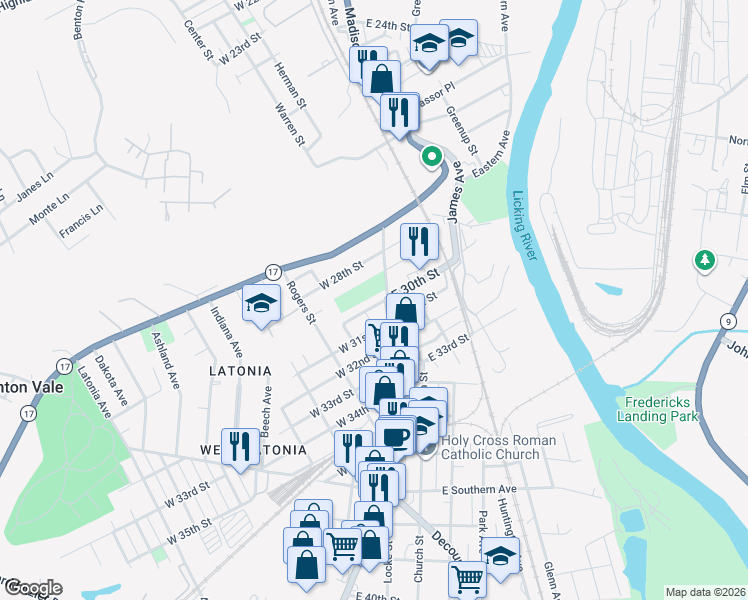 map of restaurants, bars, coffee shops, grocery stores, and more near 6 West 30th Street in Covington