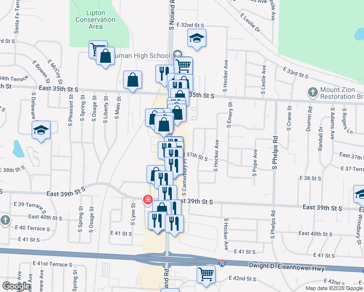 map of restaurants, bars, coffee shops, grocery stores, and more near 3681 South Noland Road in Independence