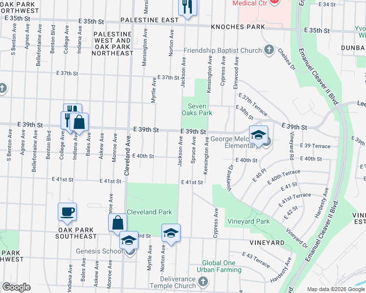 map of restaurants, bars, coffee shops, grocery stores, and more near 3916 Spruce Avenue in Kansas City
