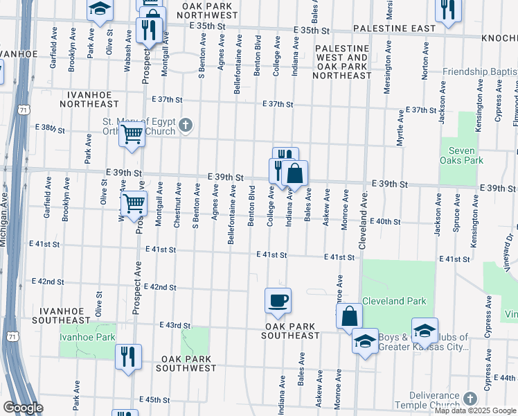 map of restaurants, bars, coffee shops, grocery stores, and more near 3933 Benton Boulevard in Kansas City