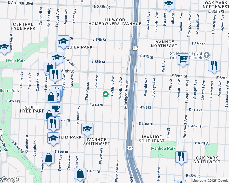 map of restaurants, bars, coffee shops, grocery stores, and more near 4000 Highland Avenue in Kansas City