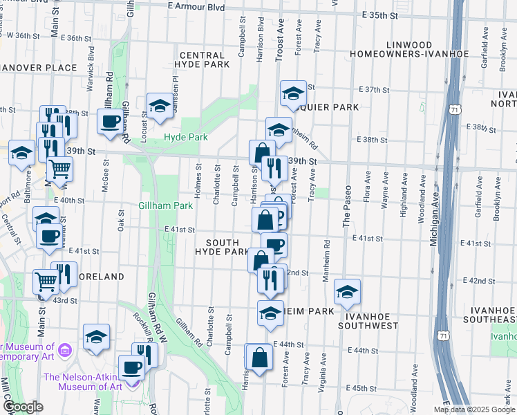 map of restaurants, bars, coffee shops, grocery stores, and more near 4010 Harrison Street in Kansas City