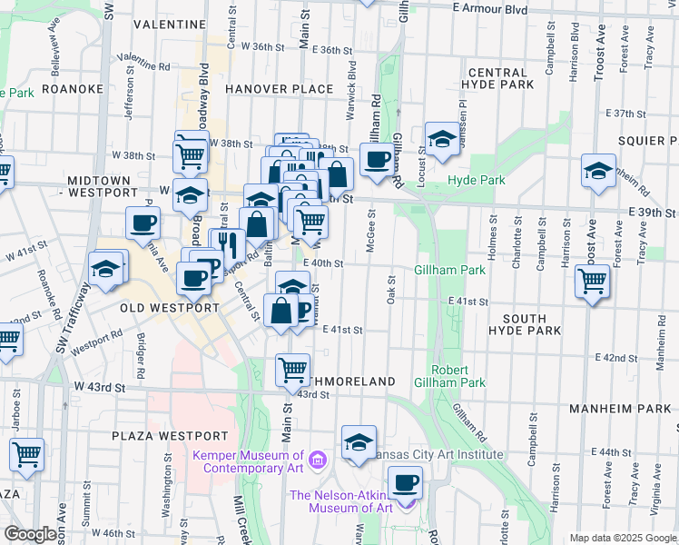 map of restaurants, bars, coffee shops, grocery stores, and more near 4000 Warwick Boulevard in Kansas City