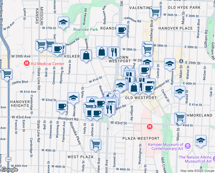 map of restaurants, bars, coffee shops, grocery stores, and more near 4038 Clark Avenue in Kansas City