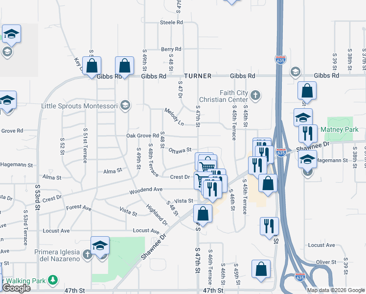 map of restaurants, bars, coffee shops, grocery stores, and more near 4718 Ottawa Street in Kansas City