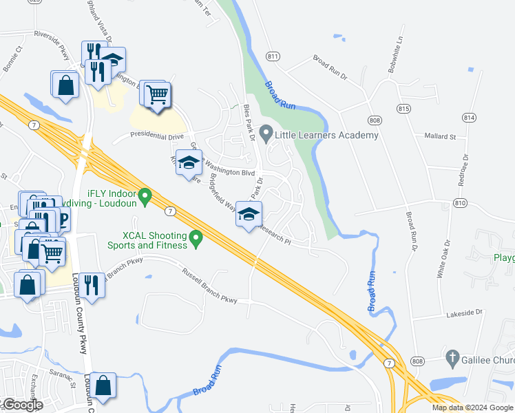 map of restaurants, bars, coffee shops, grocery stores, and more near 20271 Beechwood Terrace in Ashburn