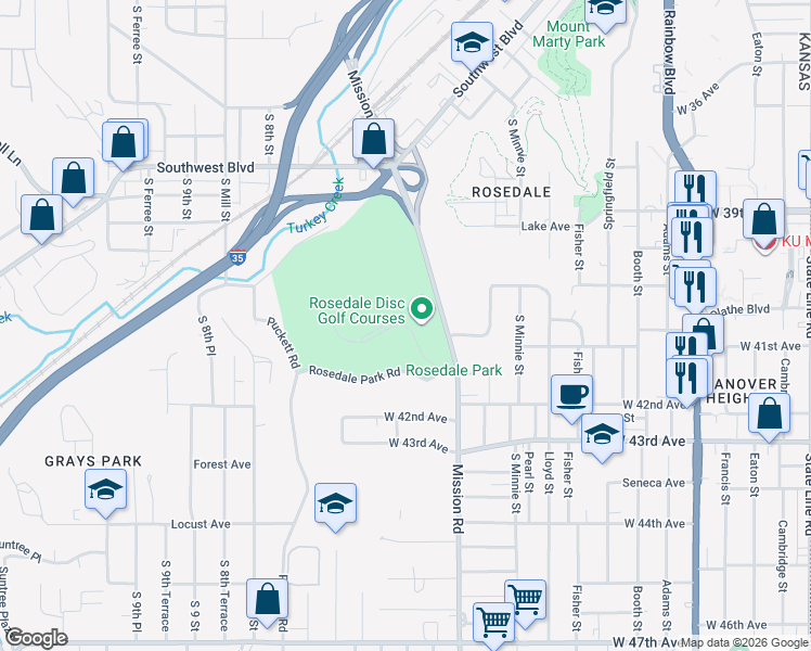 map of restaurants, bars, coffee shops, grocery stores, and more near Rosedale Park Road in Kansas City
