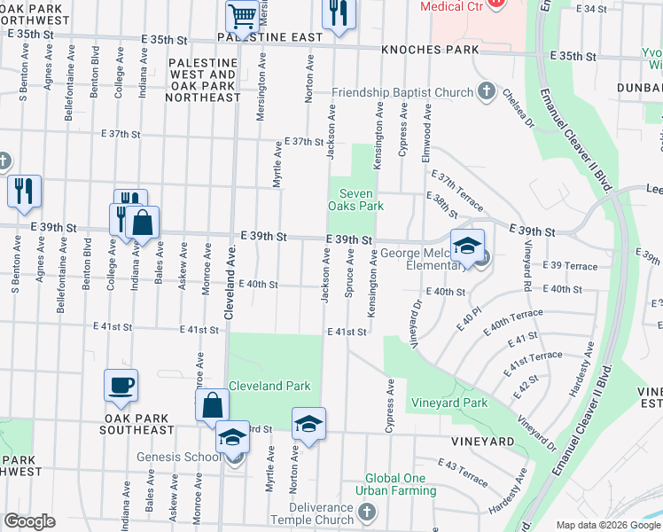 map of restaurants, bars, coffee shops, grocery stores, and more near 3916 Spruce Avenue in Kansas City