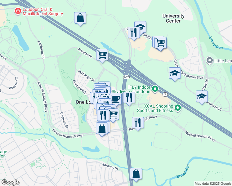 map of restaurants, bars, coffee shops, grocery stores, and more near 44819 Atwater Drive in Ashburn