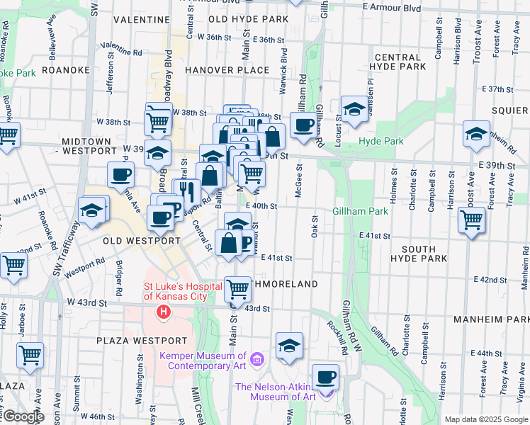 map of restaurants, bars, coffee shops, grocery stores, and more near 109 East 40th Street in Kansas City