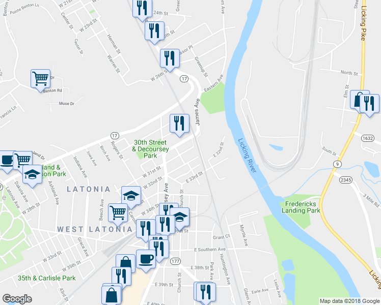 map of restaurants, bars, coffee shops, grocery stores, and more near 115 East 31st Street in Covington