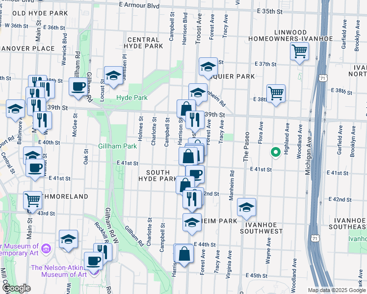map of restaurants, bars, coffee shops, grocery stores, and more near 4010 Harrison Street in Kansas City