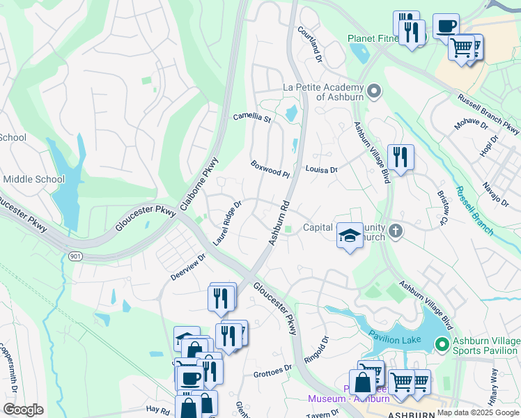 map of restaurants, bars, coffee shops, grocery stores, and more near 20314 Snowpoint Place in Ashburn