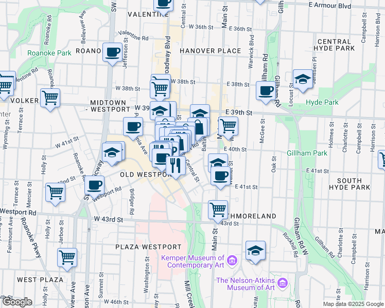 map of restaurants, bars, coffee shops, grocery stores, and more near 201 Westport Road in Kansas City