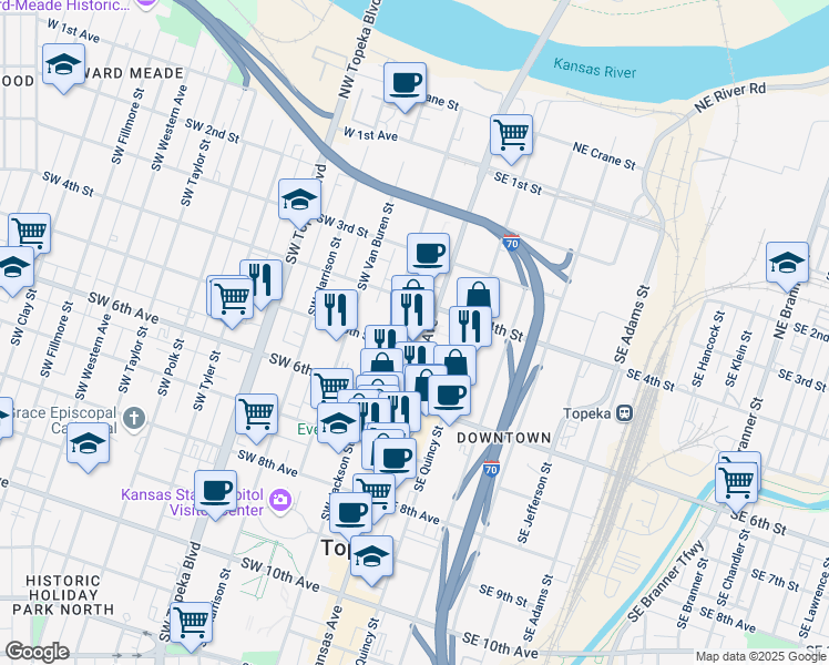 map of restaurants, bars, coffee shops, grocery stores, and more near 423 South Kansas Avenue in Topeka