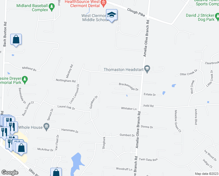 map of restaurants, bars, coffee shops, grocery stores, and more near 1407 Breckenridge Drive in Amelia