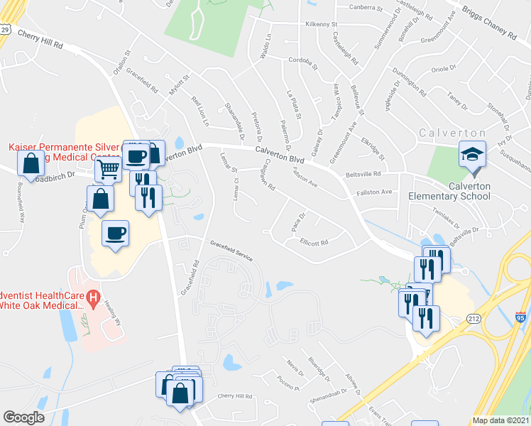 map of restaurants, bars, coffee shops, grocery stores, and more near 3018 Gazebo Court in Silver Spring