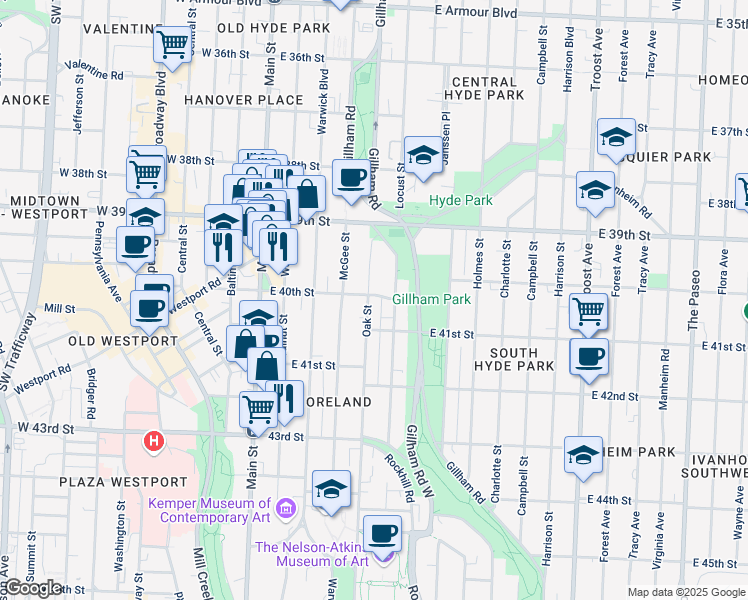 map of restaurants, bars, coffee shops, grocery stores, and more near 4021 Oak Street in Kansas City