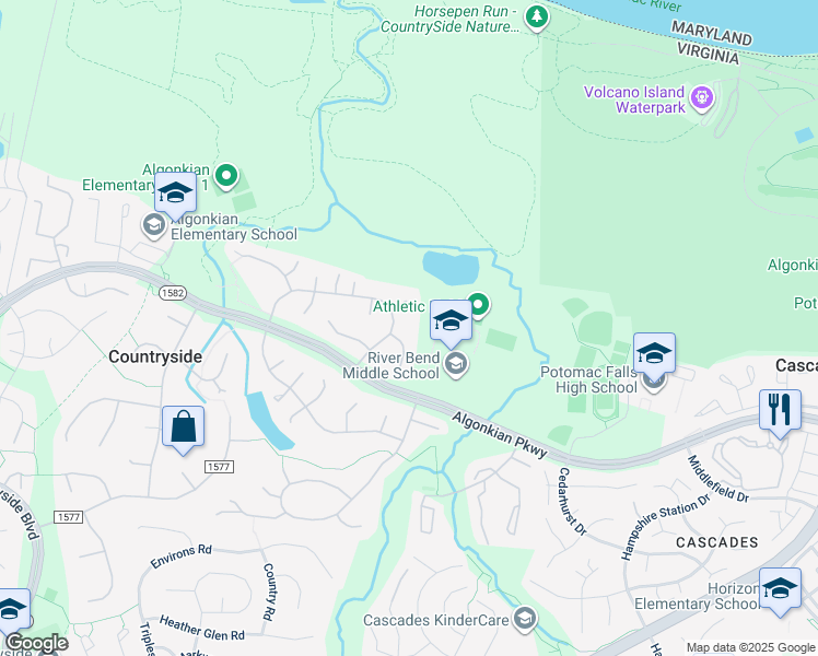 map of restaurants, bars, coffee shops, grocery stores, and more near 49 Whittingham Circle in Sterling