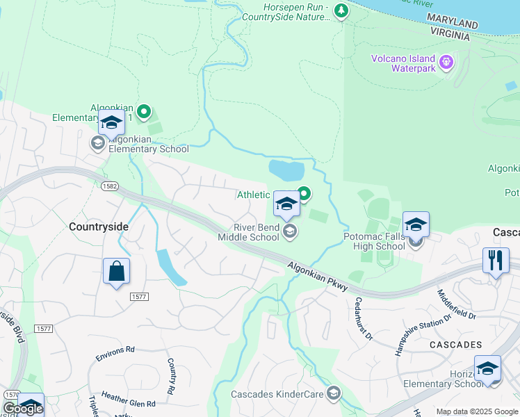 map of restaurants, bars, coffee shops, grocery stores, and more near 49 Whittingham Circle in Sterling