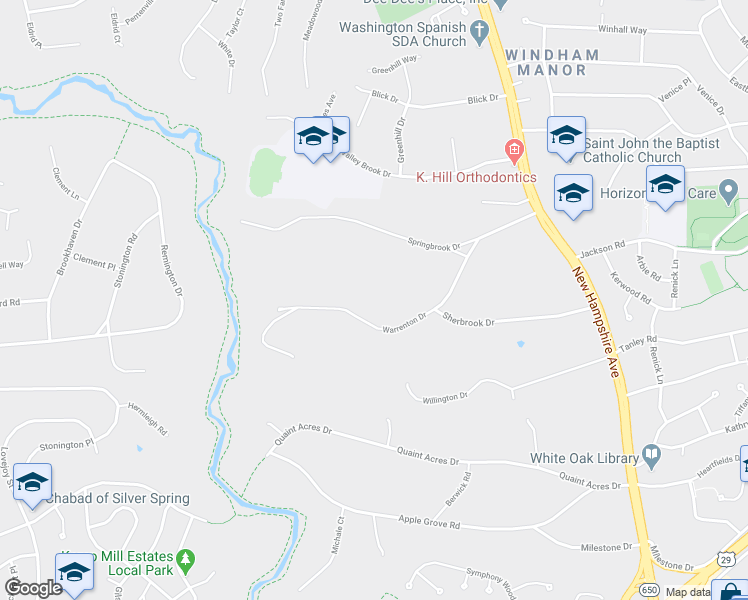 map of restaurants, bars, coffee shops, grocery stores, and more near 200 Warrenton Drive in Silver Spring